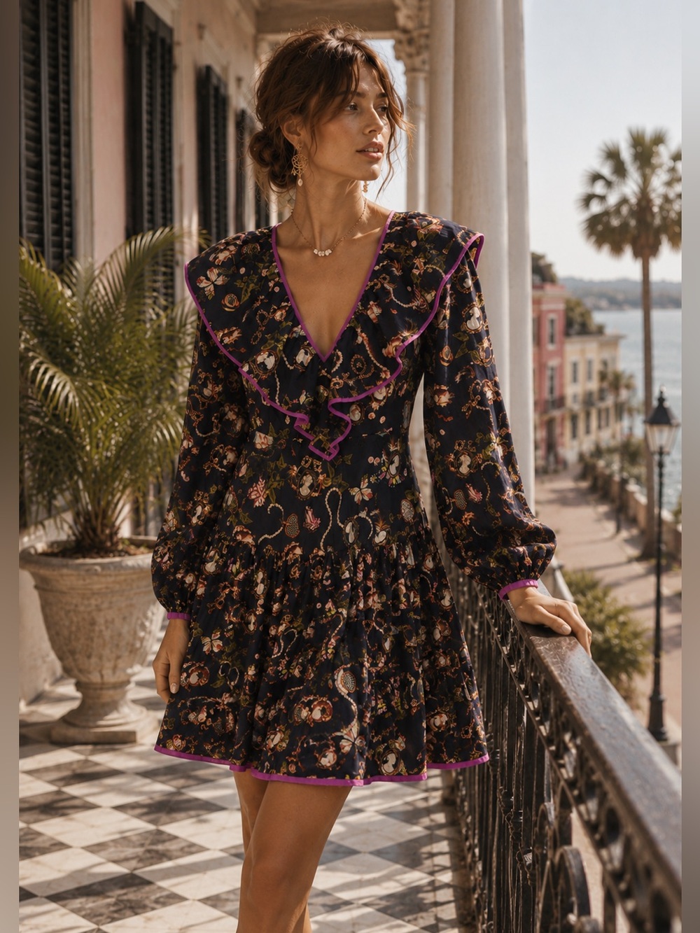 Anthropologie Maeve NWT Ruffle Collar Mini Dress Whimsical Print Size 8
